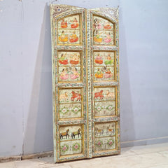 Indian Hand Painted Solid Wooden Door Panel Multicolour