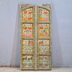 Indian Hand Painted Solid Wooden Door Panel Multicolour