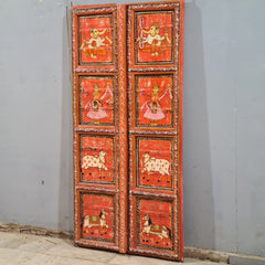 Indian Hand Painted Solid Wooden Door Panel Red