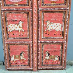 Indian Hand Painted Solid Wooden Door Panel Red