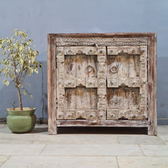 Indian Furniture Hand Carved Old Door Solid Wood Cabinet Natural 102X50X90 Cm