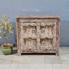 Indian Furniture Hand Carved Old Door Solid Wood Cabinet Natural 102X50X90 Cm