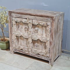 Indian Furniture Hand Carved Old Door Solid Wood Cabinet Natural 102X50X90 Cm
