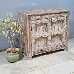 Indian Furniture Hand Carved Old Door Solid Wood Cabinet Natural 102X50X90 Cm