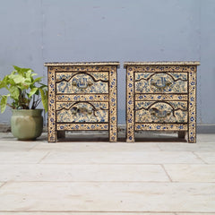 Indian Hand Painted Solid Wood Bedside Table (Set of 2) 43X37X50 cm