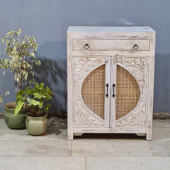 Indian Furniture Hand Carved Rattan Can Solid Wood Cabinet White 80X40X104 Cm