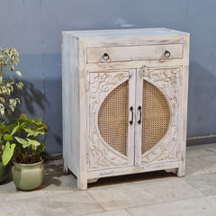 Indian Furniture Hand Carved Rattan Can Solid Wood Cabinet White 80X40X104 Cm