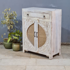 Indian Furniture Hand Carved Rattan Can Solid Wood Cabinet White 80X40X104 Cm