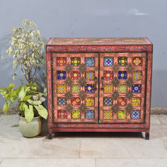 Indian Hand Painted Tile & Brass Work Solid Wood Cabinet 90X40X85 Cm