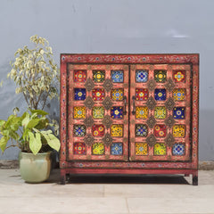 Indian Hand Painted Tile & Brass Work Solid Wood Cabinet 90X40X85 Cm