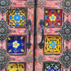 Indian Hand Painted Tile & Brass Work Solid Wood Cabinet 90X40X85 Cm