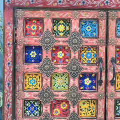 Indian Hand Painted Tile & Brass Work Solid Wood Cabinet 90X40X85 Cm