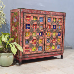 Indian Hand Painted Tile & Brass Work Solid Wood Cabinet 90X40X85 Cm