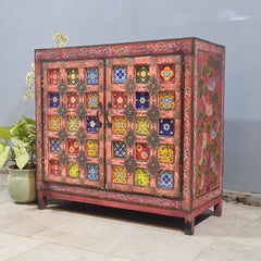 Indian Hand Painted Tile & Brass Work Solid Wood Cabinet 90X40X85 Cm