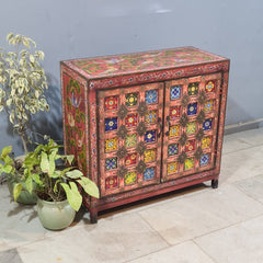Indian Hand Painted Tile & Brass Work Solid Wood Cabinet 90X40X85 Cm