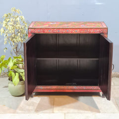 Indian Hand Painted Tile & Brass Work Solid Wood Cabinet 90X40X85 Cm