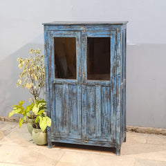 Indian Hand Carved Glass Door Cabinet Wardrobe Blue 80X40X131 cm
