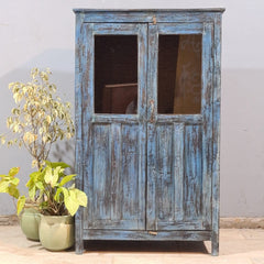 Indian Hand Carved Glass Door Cabinet Wardrobe Blue 80X40X131 cm