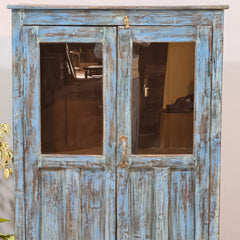 Indian Hand Carved Glass Door Cabinet Wardrobe Blue 80X40X131 cm