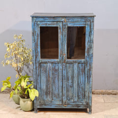 Indian Hand Carved Glass Door Cabinet Wardrobe Blue 80X40X131 cm