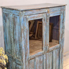 Indian Hand Carved Glass Door Cabinet Wardrobe Blue 80X40X131 cm