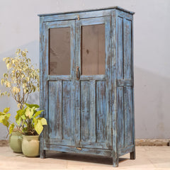 Indian Hand Carved Glass Door Cabinet Wardrobe Blue 80X40X131 cm