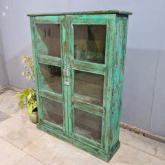 Indian Hand Carved Solid Wood Glass Door Cabinet Rustic Green 110X29X147 Cm