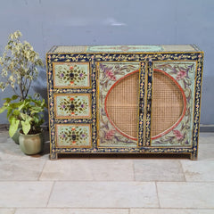 Hand Painted Solid Wood Rattan Sideboard 122X40X90 cm