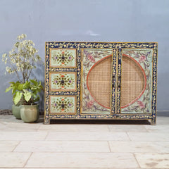 Hand Painted Solid Wood Rattan Sideboard 122X40X90 cm