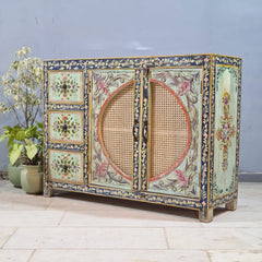 Hand Painted Solid Wood Rattan Sideboard 122X40X90 cm