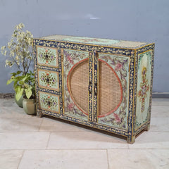Hand Painted Solid Wood Rattan Sideboard 122X40X90 cm
