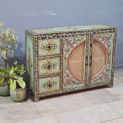 Hand Painted Solid Wood Rattan Sideboard 122X40X90 cm