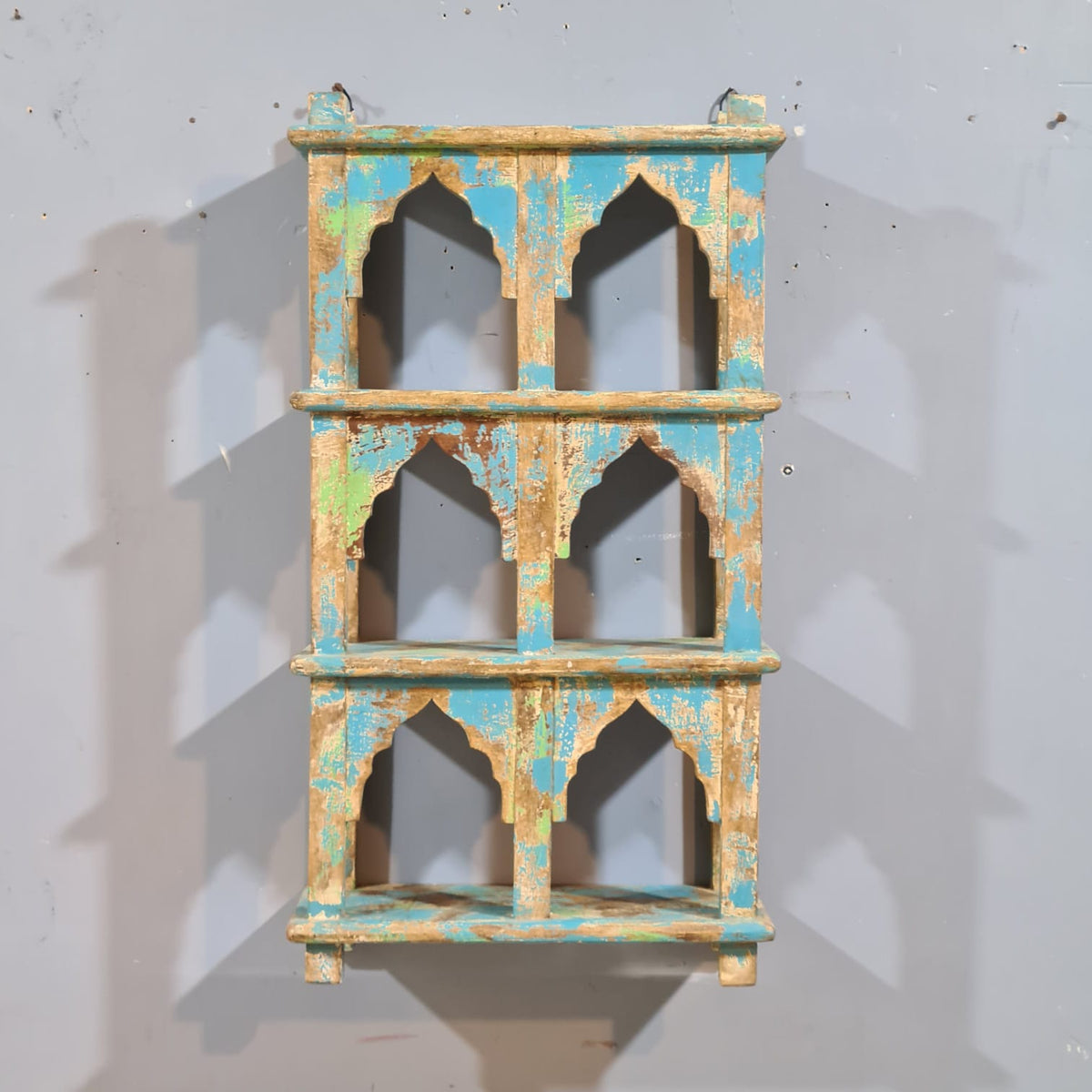 Indian Mehrab Arch Hand Carved Solid Wood Wall Shelf Rustic Blue 42X17X78 Cm