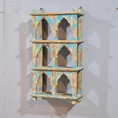 Indian Mehrab Arch Hand Carved Solid Wood Wall Shelf Rustic Blue 42X17X78 Cm