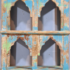 Indian Mehrab Arch Hand Carved Solid Wood Wall Shelf Rustic Blue 42X17X78 Cm
