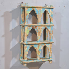 Indian Mehrab Arch Hand Carved Solid Wood Wall Shelf Rustic Blue 42X17X78 Cm