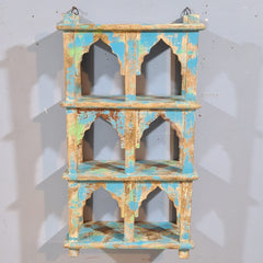 Indian Mehrab Arch Hand Carved Solid Wood Wall Shelf Rustic Blue 42X17X78 Cm