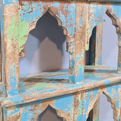 Indian Mehrab Arch Hand Carved Solid Wood Wall Shelf Rustic Blue 42X17X78 Cm