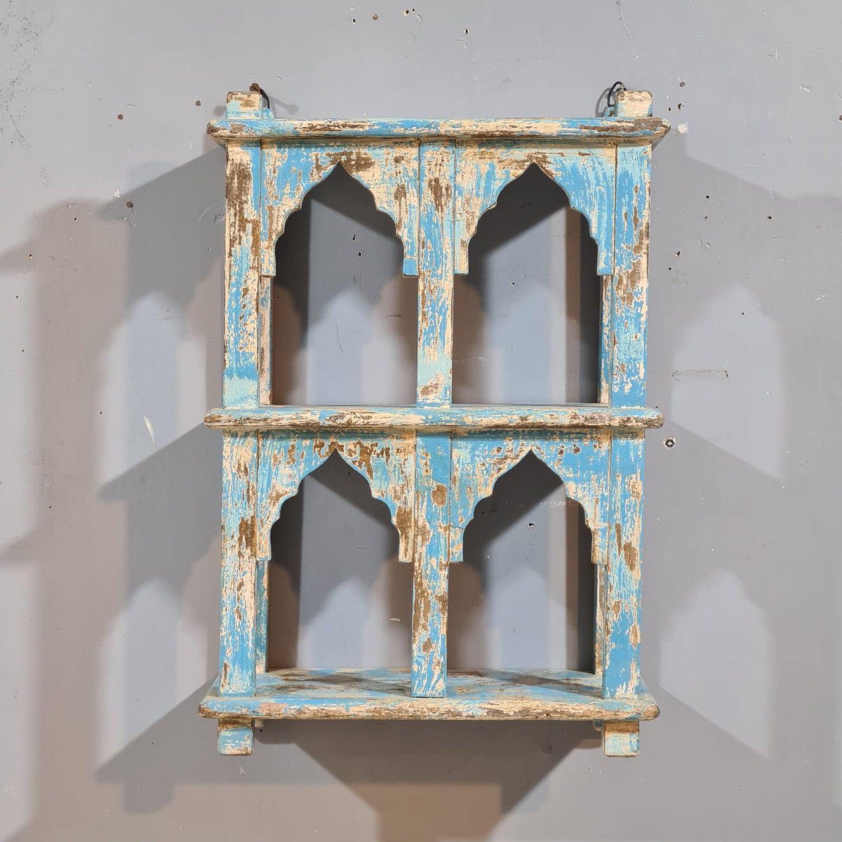 Indian Mehrab Arch Hand Carved Solid Wood Wall Shelf Rustic Blue 42X17X62 Cm