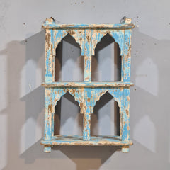 Indian Mehrab Arch Hand Carved Solid Wood Wall Shelf Rustic Blue 42X17X62 Cm
