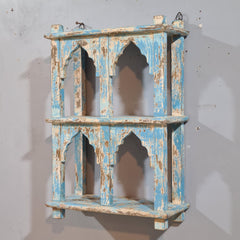 Indian Mehrab Arch Hand Carved Solid Wood Wall Shelf Rustic Blue 42X17X62 Cm