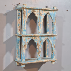 Indian Mehrab Arch Hand Carved Solid Wood Wall Shelf Rustic Blue 42X17X62 Cm