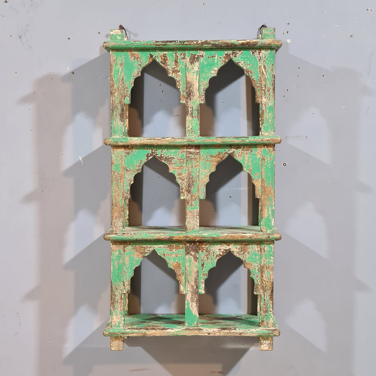 Indian Mehrab Arch Hand Carved Solid Wood Wall Shelf Rustic Green 42X17X78 Cm