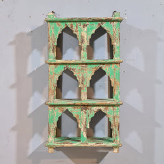 Indian Mehrab Arch Hand Carved Solid Wood Wall Shelf Rustic Green 42X17X78 Cm