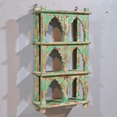 Indian Mehrab Arch Hand Carved Solid Wood Wall Shelf Rustic Green 42X17X78 Cm