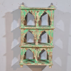 Indian Mehrab Arch Hand Carved Solid Wood Wall Shelf Rustic Green 42X17X78 Cm