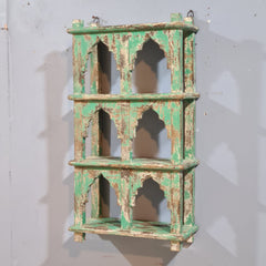 Indian Mehrab Arch Hand Carved Solid Wood Wall Shelf Rustic Green 42X17X78 Cm
