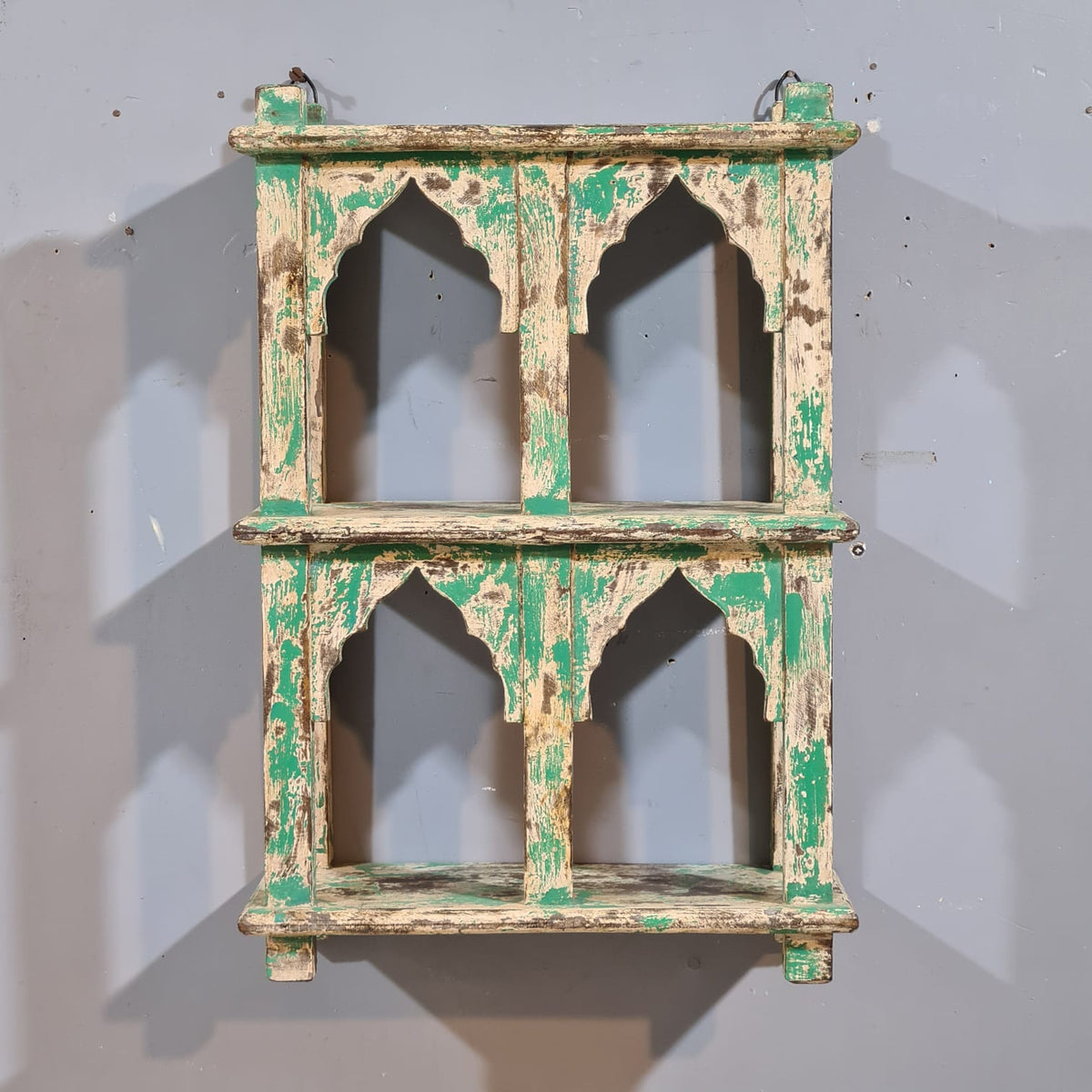 Indian Mehrab Arch Hand Carved Solid Wood Wall Shelf Rustic Green 42X17X62 Cm