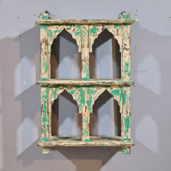 Indian Mehrab Arch Hand Carved Solid Wood Wall Shelf Rustic Green 42X17X62 Cm