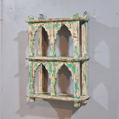 Indian Mehrab Arch Hand Carved Solid Wood Wall Shelf Rustic Green 42X17X62 Cm